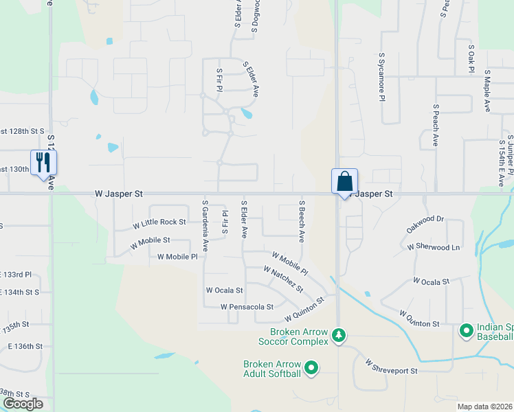 map of restaurants, bars, coffee shops, grocery stores, and more near 7908 South Dogwood Avenue in Broken Arrow