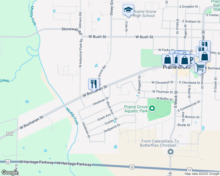 map of restaurants, bars, coffee shops, grocery stores, and more near 202 Hindman Drive in Prairie Grove
