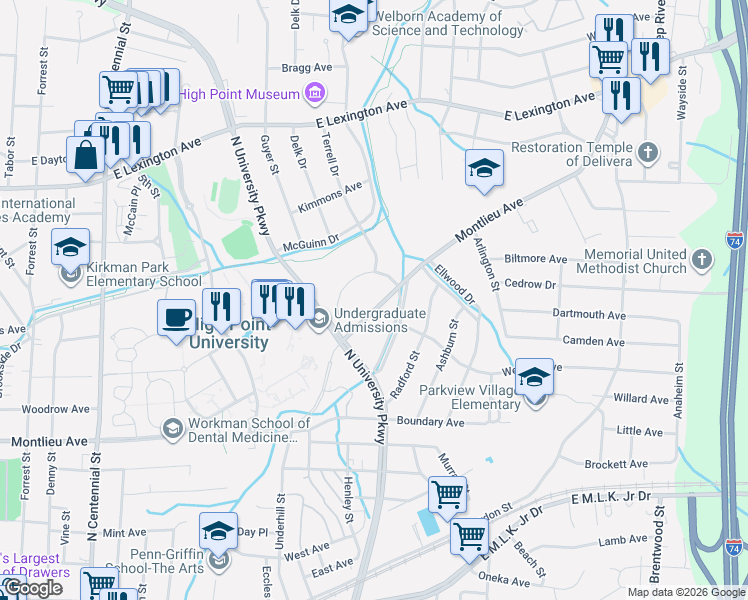 map of restaurants, bars, coffee shops, grocery stores, and more near 1015 Montlieu Avenue in High Point