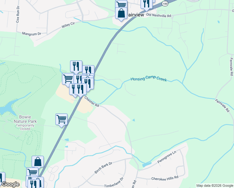 map of restaurants, bars, coffee shops, grocery stores, and more near 7117 Chester Road in Fairview