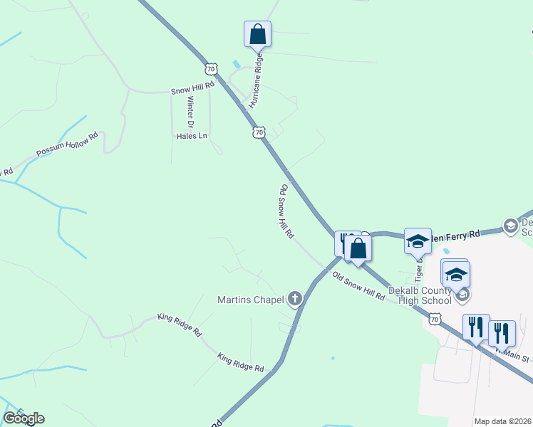 map of restaurants, bars, coffee shops, grocery stores, and more near 586 Old Snow Hill Road in Dowelltown