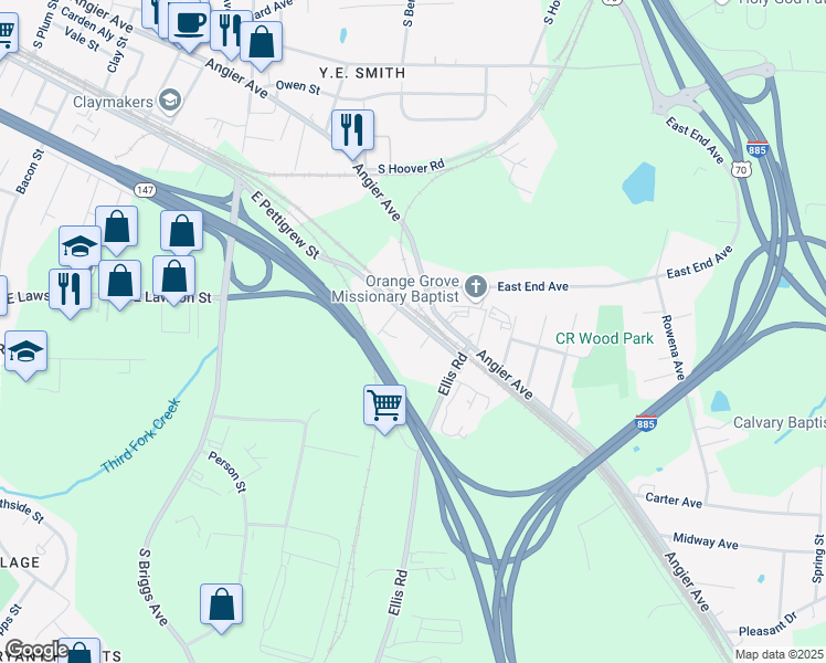 map of restaurants, bars, coffee shops, grocery stores, and more near 2802 East Pettigrew Street in Durham