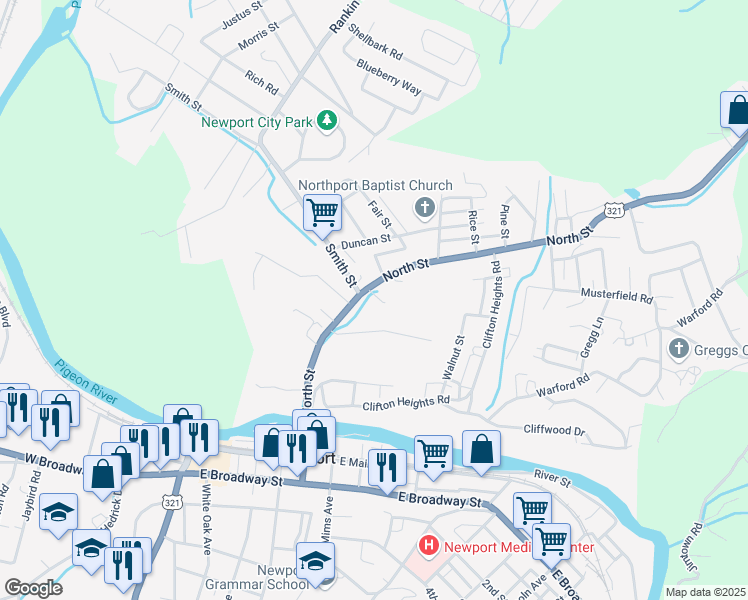 map of restaurants, bars, coffee shops, grocery stores, and more near 401 North Street in Newport