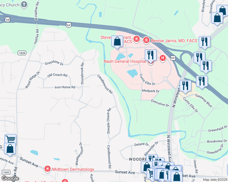 map of restaurants, bars, coffee shops, grocery stores, and more near 169 Candlewood Road in Rocky Mount