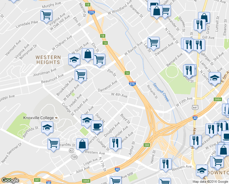map of restaurants, bars, coffee shops, grocery stores, and more near 1415 West 4th Avenue in Knoxville