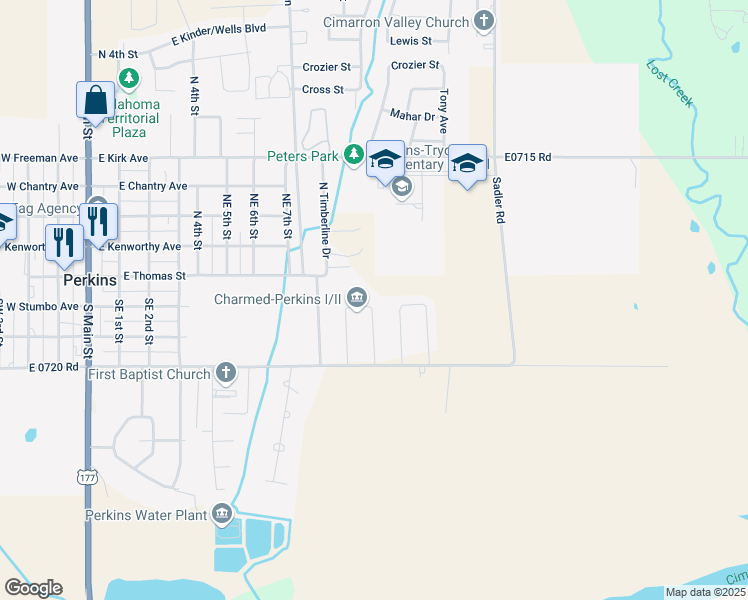map of restaurants, bars, coffee shops, grocery stores, and more near 215 Lynn Combs Circle in Perkins