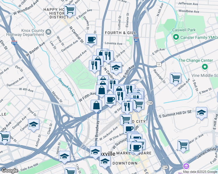 map of restaurants, bars, coffee shops, grocery stores, and more near 200 West Fifth Avenue in Knoxville