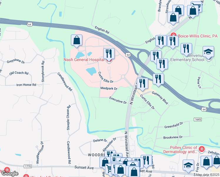map of restaurants, bars, coffee shops, grocery stores, and more near Medpark Drive in Rocky Mount