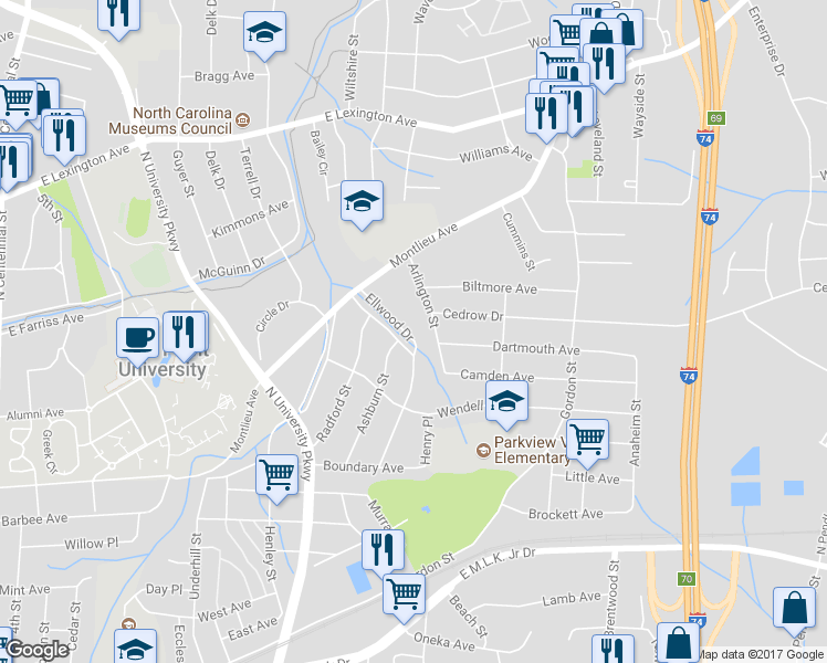map of restaurants, bars, coffee shops, grocery stores, and more near 702 Ellwood Drive in High Point