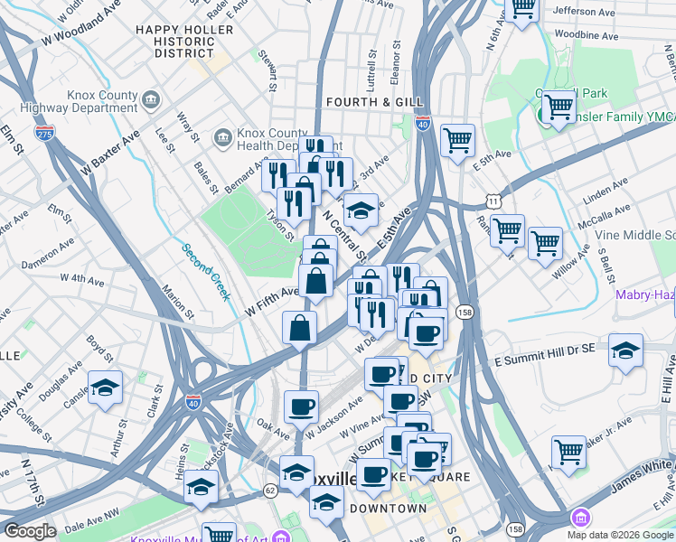 map of restaurants, bars, coffee shops, grocery stores, and more near 200 West Fifth Avenue in Knoxville