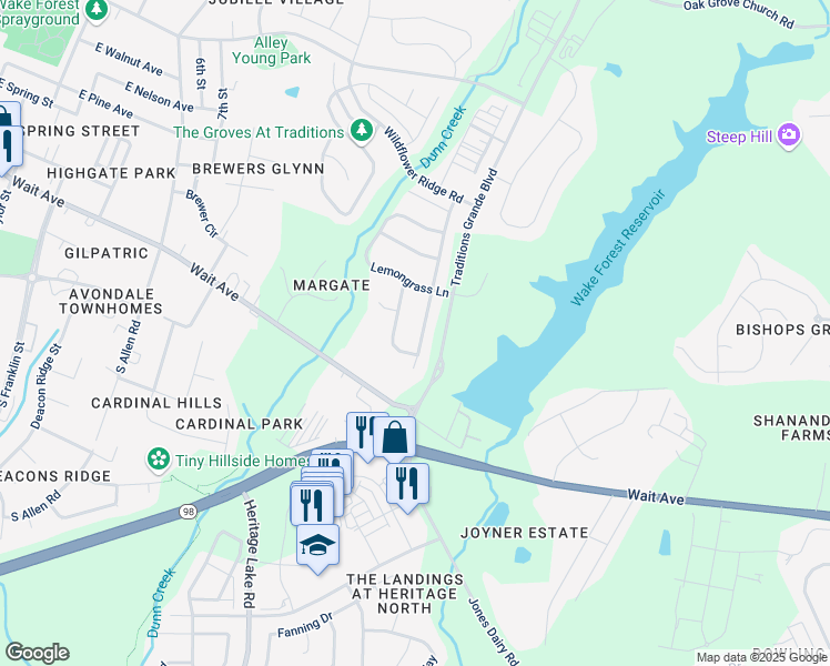 map of restaurants, bars, coffee shops, grocery stores, and more near 209 Springtime Fields Lane in Wake Forest