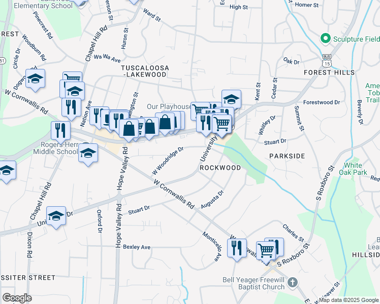 map of restaurants, bars, coffee shops, grocery stores, and more near 107 West Woodridge Drive in Durham