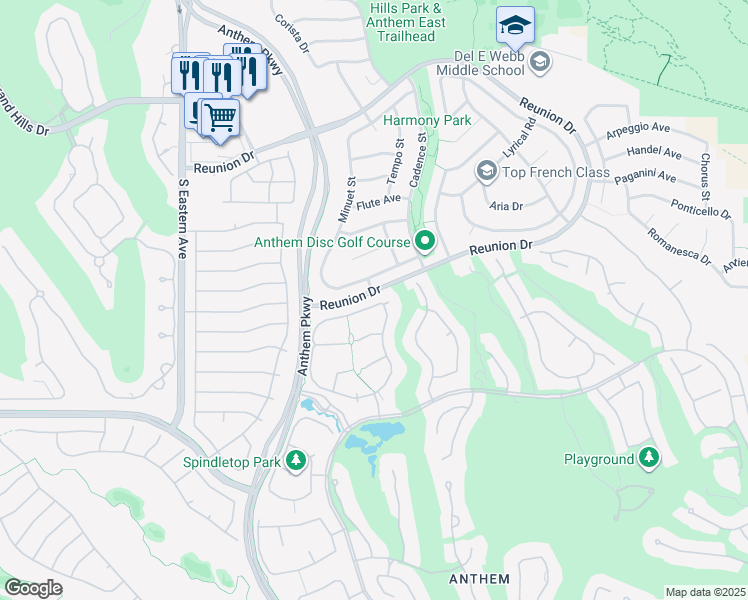 map of restaurants, bars, coffee shops, grocery stores, and more near 75 Fountainhead Circle in Henderson