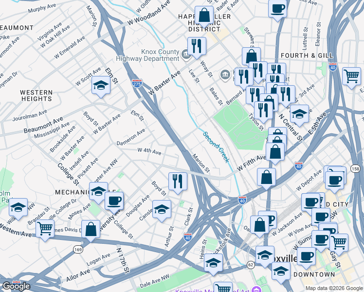 map of restaurants, bars, coffee shops, grocery stores, and more near Interstate 275 in Knoxville