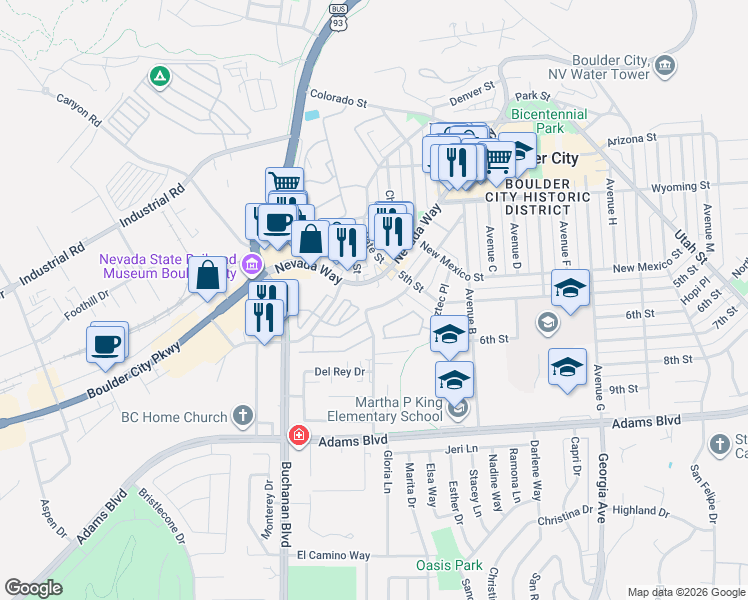 map of restaurants, bars, coffee shops, grocery stores, and more near 898 Avenue A in Boulder City