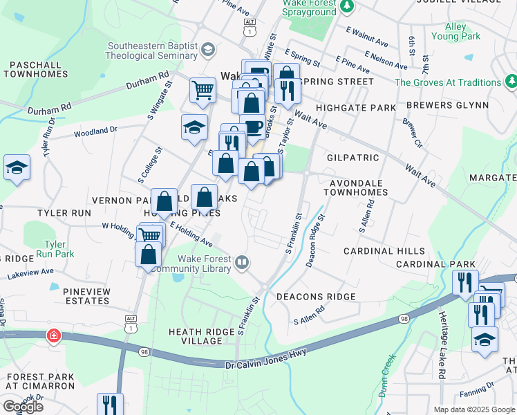 map of restaurants, bars, coffee shops, grocery stores, and more near 513 Brooks Street in Wake Forest