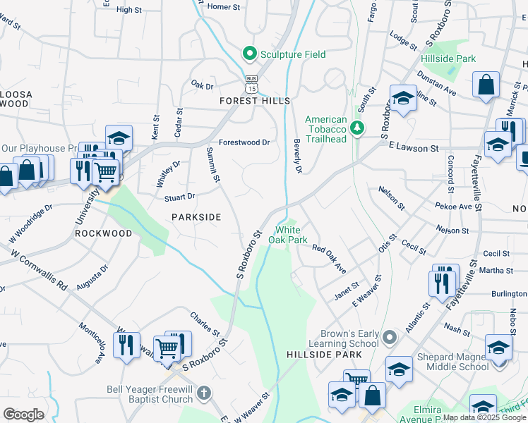 map of restaurants, bars, coffee shops, grocery stores, and more near 2125 South Roxboro Street in Durham