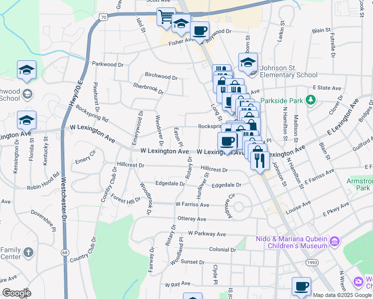 map of restaurants, bars, coffee shops, grocery stores, and more near 405 West Lexington Avenue in High Point