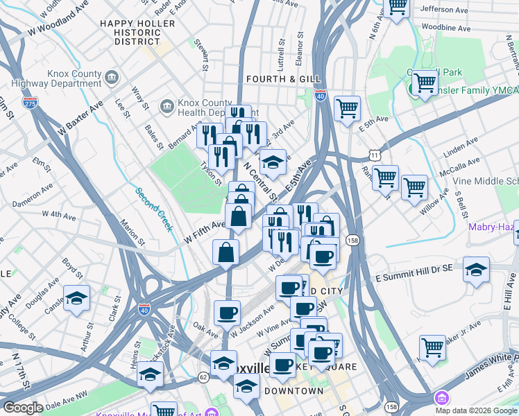 map of restaurants, bars, coffee shops, grocery stores, and more near 200 West Fifth Avenue in Knoxville