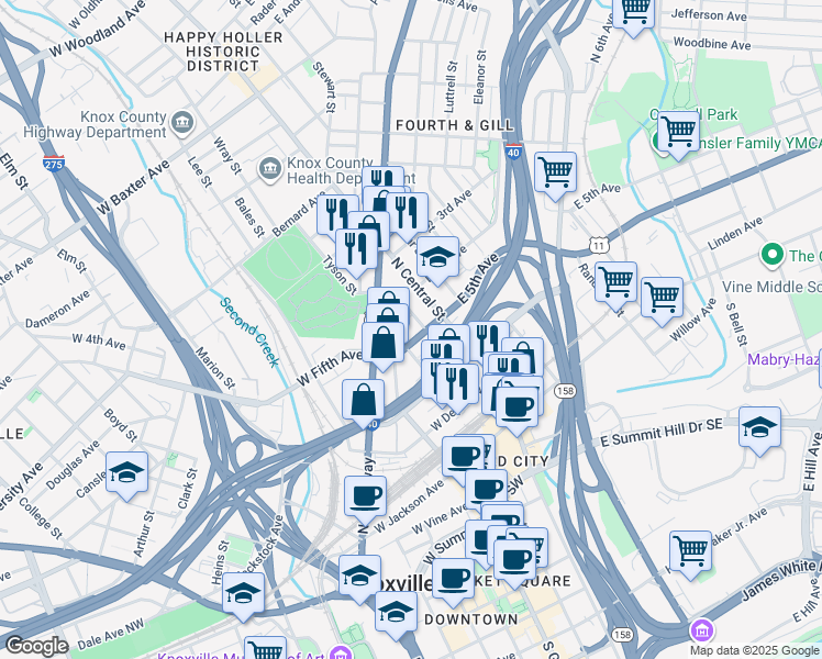 map of restaurants, bars, coffee shops, grocery stores, and more near 200 West Fifth Avenue in Knoxville