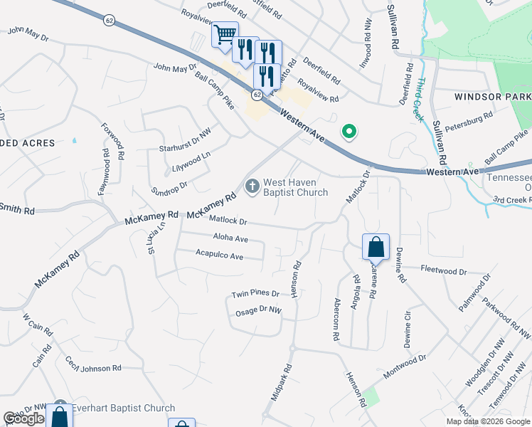 map of restaurants, bars, coffee shops, grocery stores, and more near 3454 Maple Grove Way in Knoxville