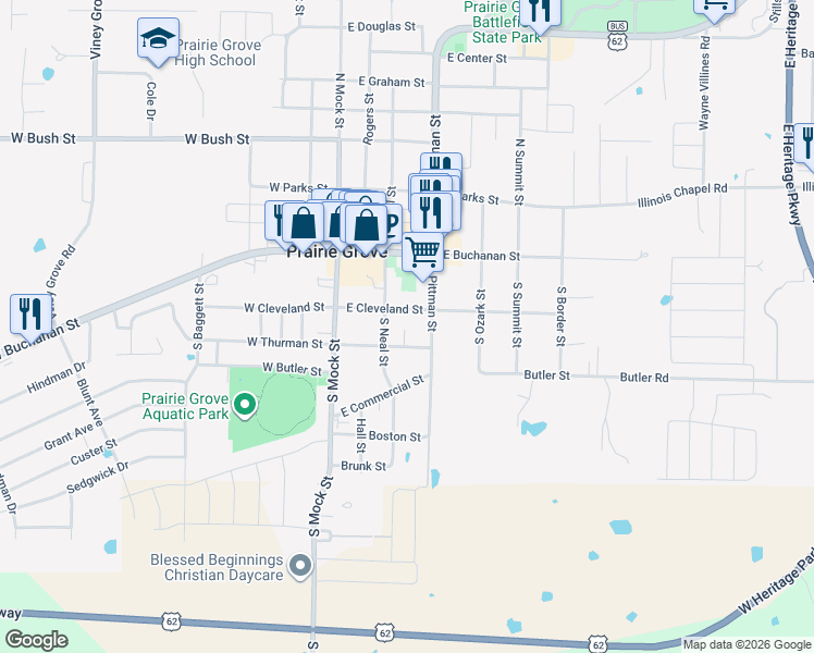 map of restaurants, bars, coffee shops, grocery stores, and more near 210 South Pittman Street in Prairie Grove