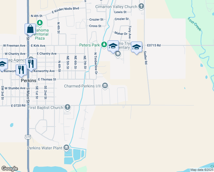 map of restaurants, bars, coffee shops, grocery stores, and more near 215 Lynn Combs Circle in Perkins