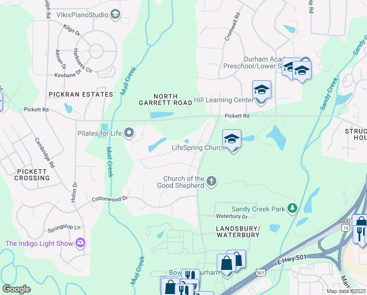 map of restaurants, bars, coffee shops, grocery stores, and more near 3708 Garrett Road in Durham