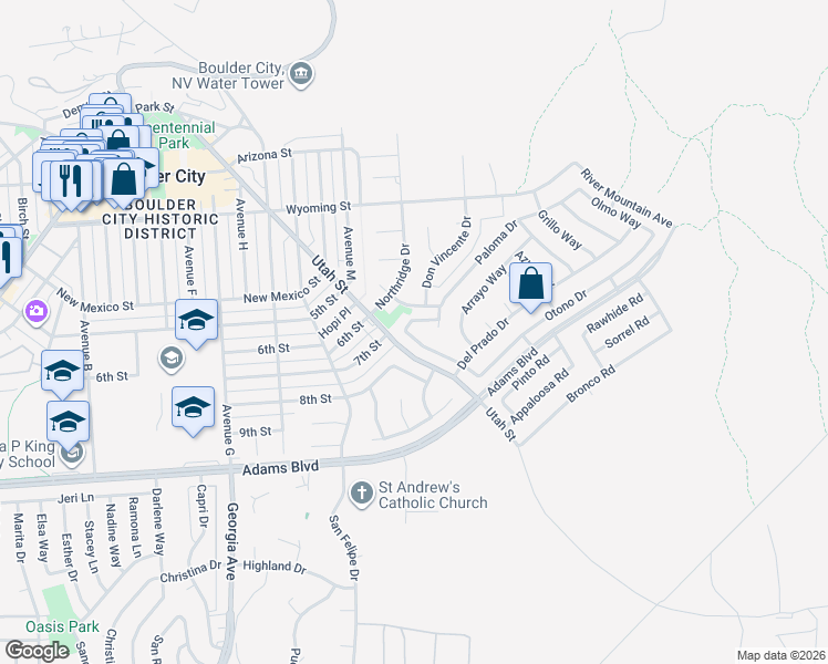map of restaurants, bars, coffee shops, grocery stores, and more near 1104 Endora Way in Boulder City