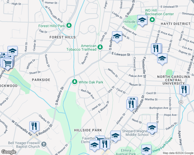 map of restaurants, bars, coffee shops, grocery stores, and more near 219 West Weaver Street in Durham