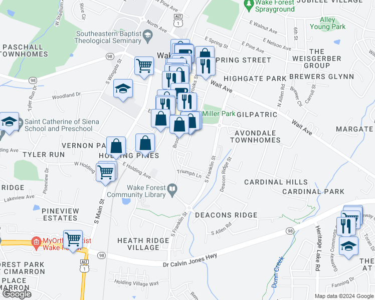 map of restaurants, bars, coffee shops, grocery stores, and more near 398 Brooks Street in Wake Forest