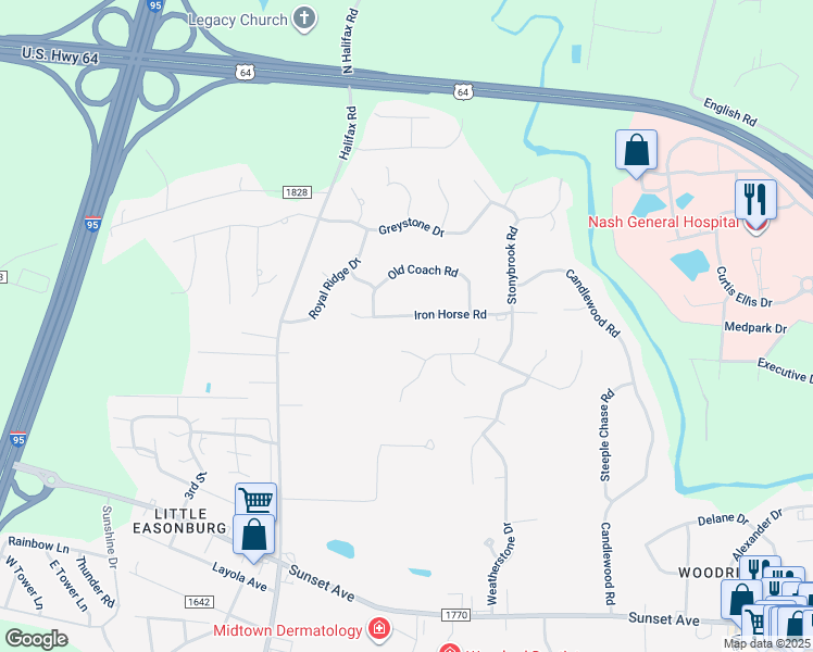 map of restaurants, bars, coffee shops, grocery stores, and more near 324 Iron Horse Road in Rocky Mount