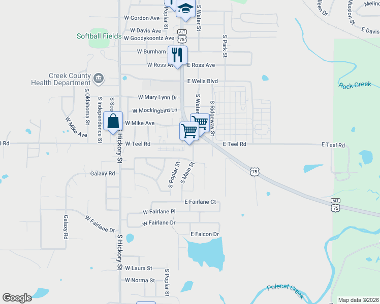 map of restaurants, bars, coffee shops, grocery stores, and more near 2129 South Main Street in Sapulpa