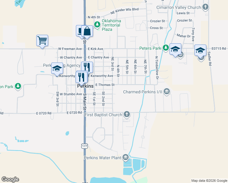 map of restaurants, bars, coffee shops, grocery stores, and more near 204 Southeast 3rd Street in Perkins