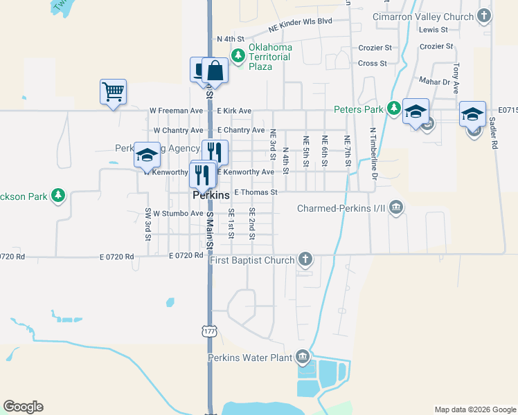 map of restaurants, bars, coffee shops, grocery stores, and more near 318 East Stumbo Avenue in Perkins