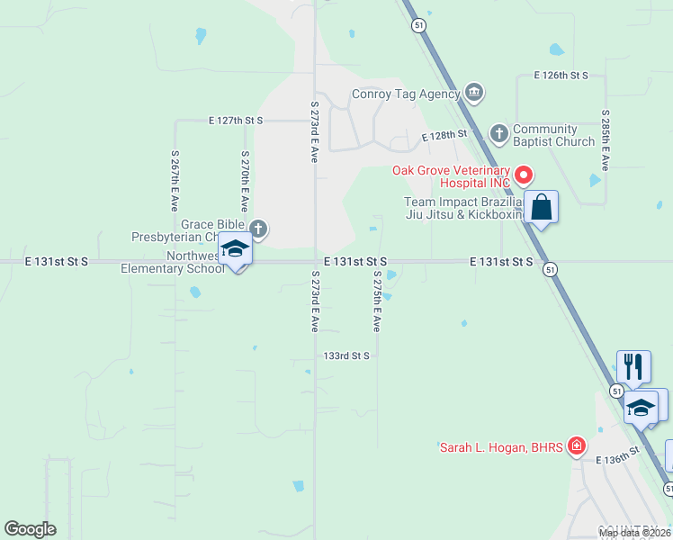 map of restaurants, bars, coffee shops, grocery stores, and more near 27372 E 131st Street South in Coweta