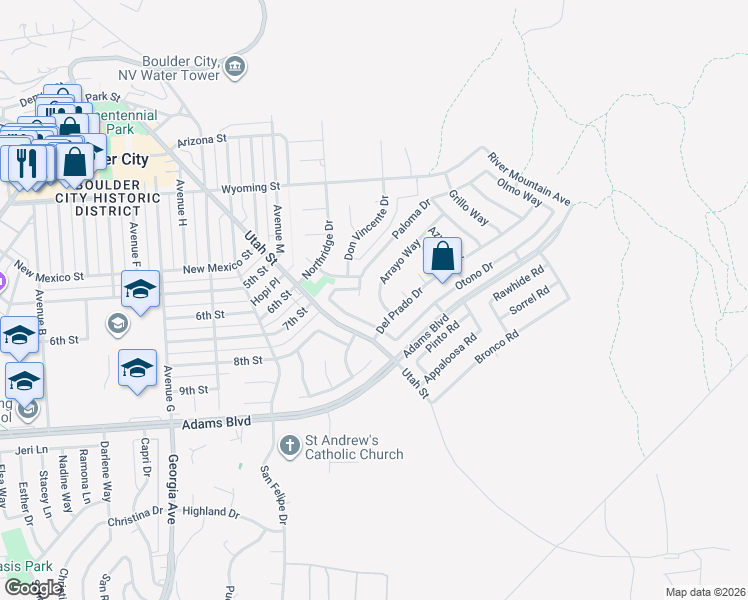 map of restaurants, bars, coffee shops, grocery stores, and more near 667 Paloma Drive in Boulder City