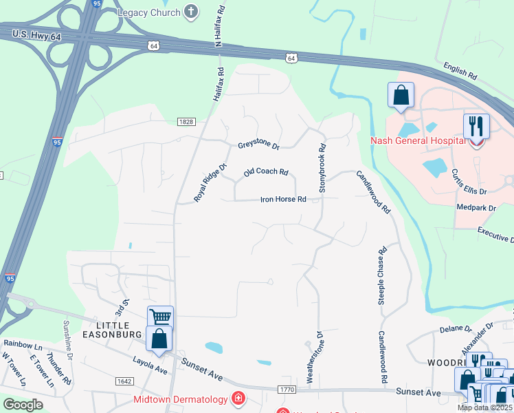 map of restaurants, bars, coffee shops, grocery stores, and more near 324 Iron Horse Road in Rocky Mount