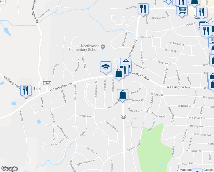 map of restaurants, bars, coffee shops, grocery stores, and more near 1320 Florida Street in High Point