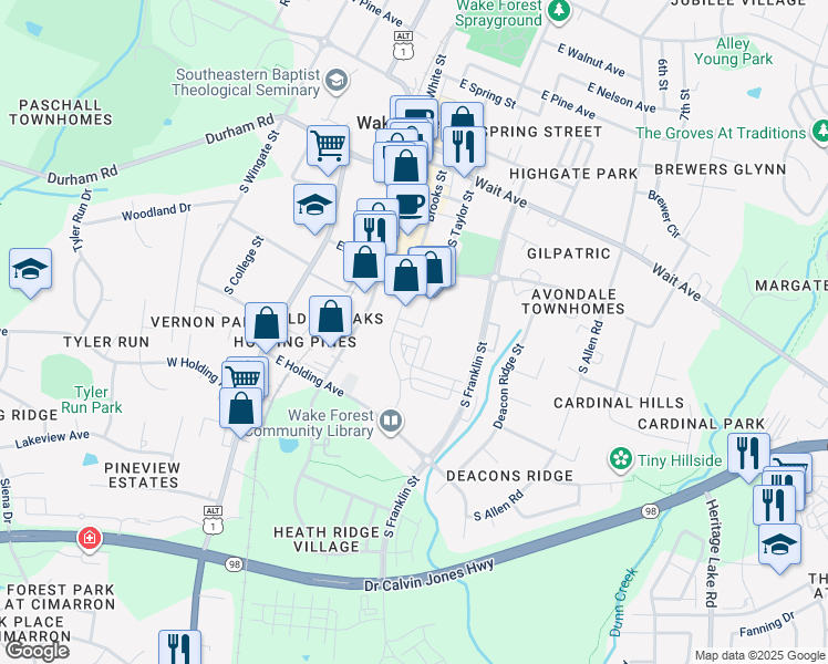 map of restaurants, bars, coffee shops, grocery stores, and more near 513 Brooks Street in Wake Forest