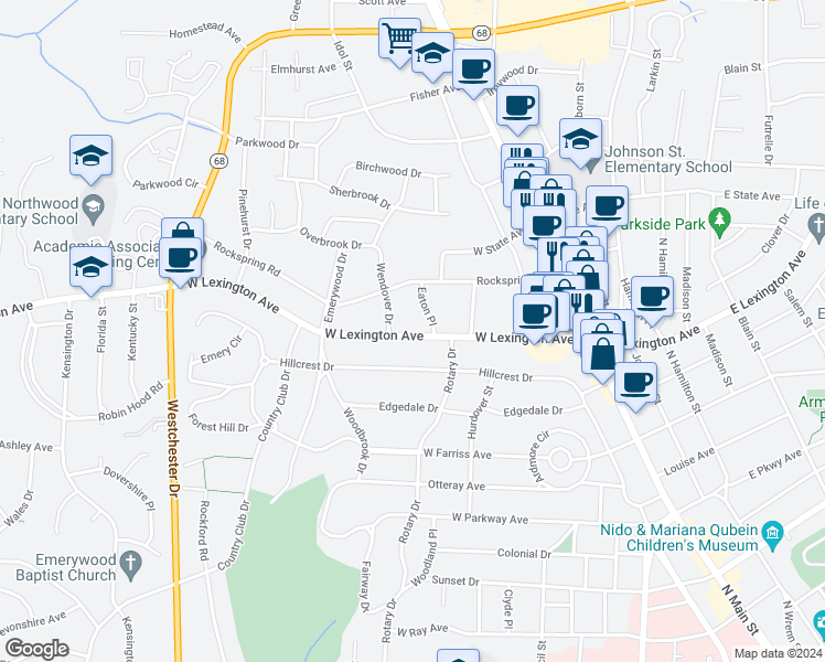 map of restaurants, bars, coffee shops, grocery stores, and more near 404 West Lexington Avenue in High Point