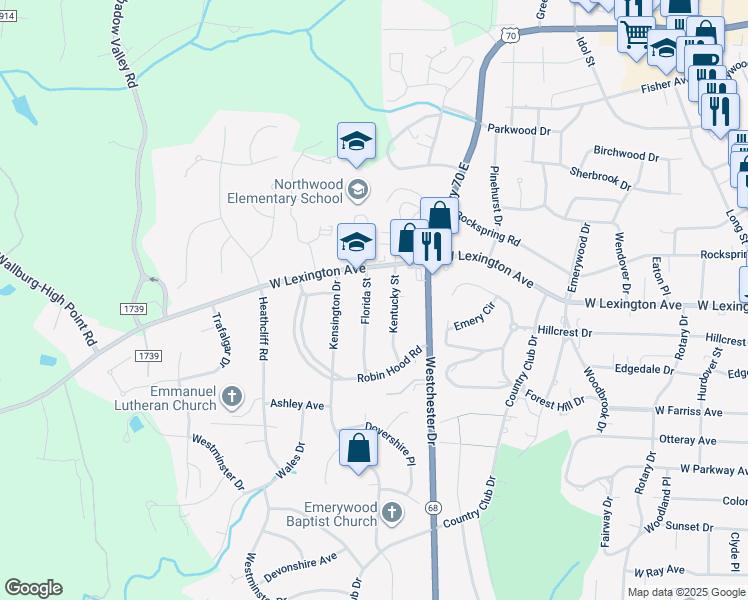 map of restaurants, bars, coffee shops, grocery stores, and more near 1320 Florida Street in High Point