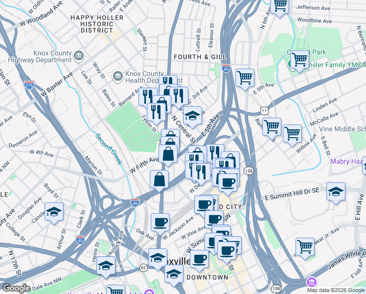 map of restaurants, bars, coffee shops, grocery stores, and more near 200 West Fifth Avenue in Knoxville