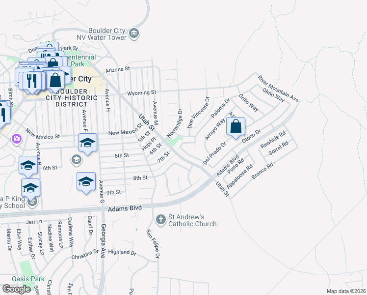 map of restaurants, bars, coffee shops, grocery stores, and more near 1104 Endora Way in Boulder City