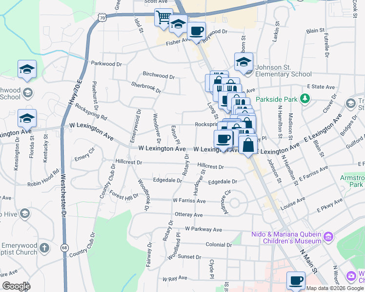map of restaurants, bars, coffee shops, grocery stores, and more near 405 West Lexington Avenue in High Point