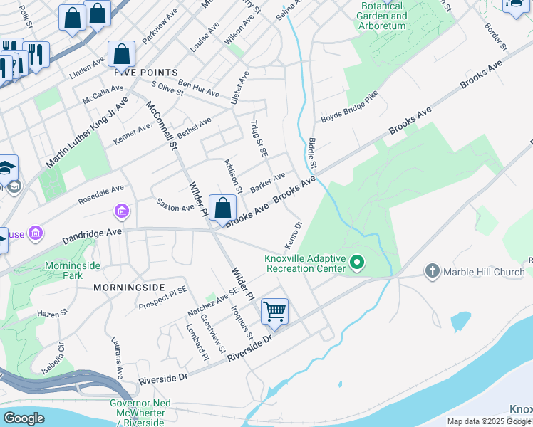 map of restaurants, bars, coffee shops, grocery stores, and more near 2218 Brooks Avenue in Knoxville