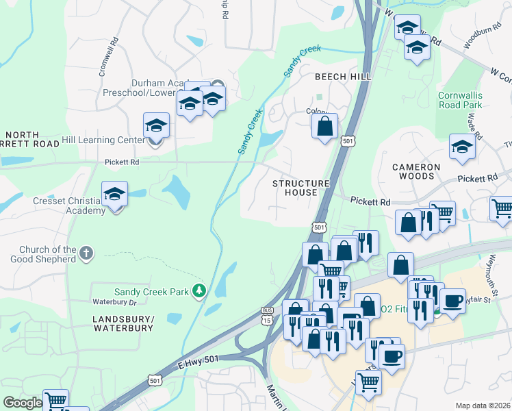 map of restaurants, bars, coffee shops, grocery stores, and more near 3303 Coachman's Way in Durham