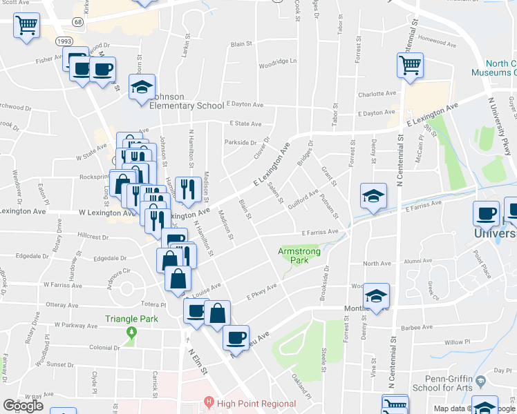 map of restaurants, bars, coffee shops, grocery stores, and more near 508 Bridges Drive in High Point