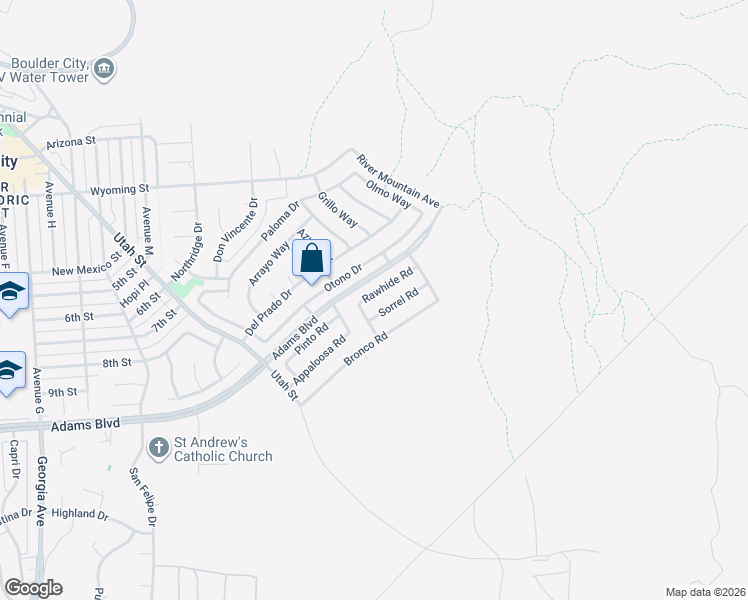 map of restaurants, bars, coffee shops, grocery stores, and more near 1440 Rawhide Road in Boulder City