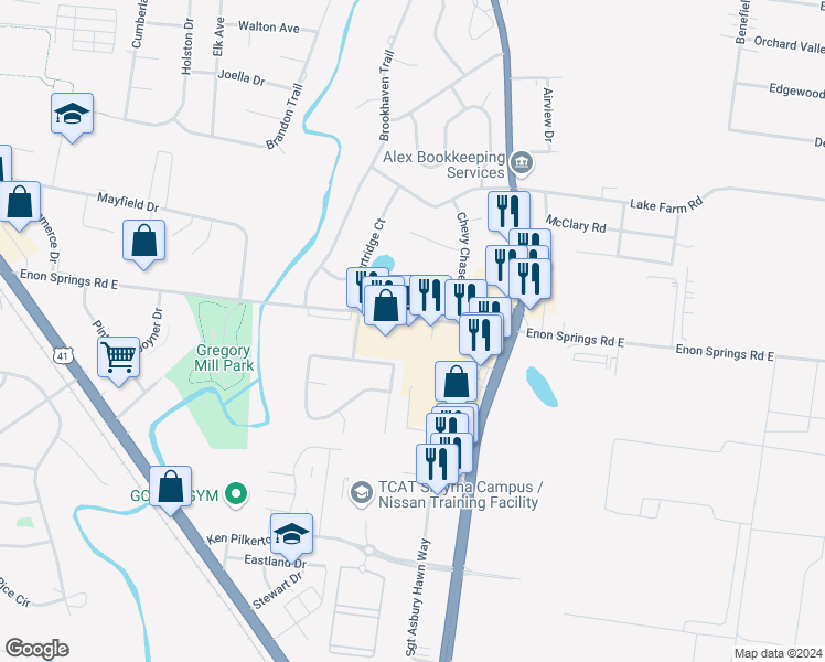 map of restaurants, bars, coffee shops, grocery stores, and more near 540 Enon Springs Road East in Smyrna